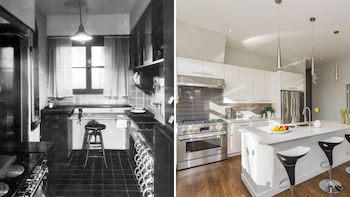 A la izquierda, la cocina de Frankfurt, un diseño de 1926 creado por la arquitecta austriaca Margarete Schütte-Lihotzky; a la derecha, una cocina actual (Montaje Infobae)