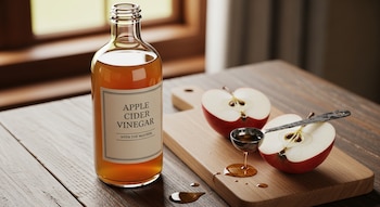Botella de vinagre de sidra de manzana abierta, con dos mitades de manzana roja y una cuchara medidora sobre una tabla de cortar de madera.