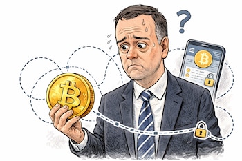 Caricatura de Manuel Adorni, preocupado y sudoroso, sostiene una moneda de Bitcoin. Detrás, un teléfono muestra una billetera y candados, con un signo de interrogación.