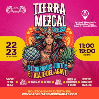 Cartel publicitario con una mujer de tocado de plumas que sostiene un agave y una piña de agave. Incluye textos del 'Tierra Mezcal Fest' y 'Adelitas Empresarias'