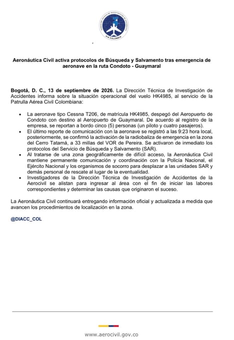 Buscan una avioneta con cinco personas a bordo tras perder contacto cerca del cerro Tatamá - crédito Aeronáutica Civil