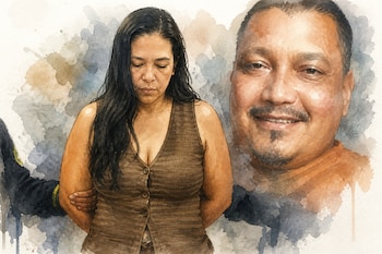 Ilustración en acuarela de una mujer custodiada por autoridades junto a la imagen de un hombre sonriente.
