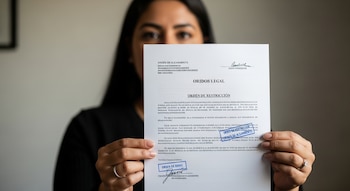 Primer plano de una mujer de piel morena sosteniendo un documento blanco con el título 'ORDEN DE ALEJAMIENTO' y sellos azules. Su rostro está parcialmente cubierto por el papel.