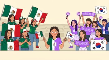 Ilustración plana de jóvenes mexicanas en un estadio: un grupo con banderas de México, otro con pancartas de BTS y banderas de Corea del Sur. Una fan central indecisa.