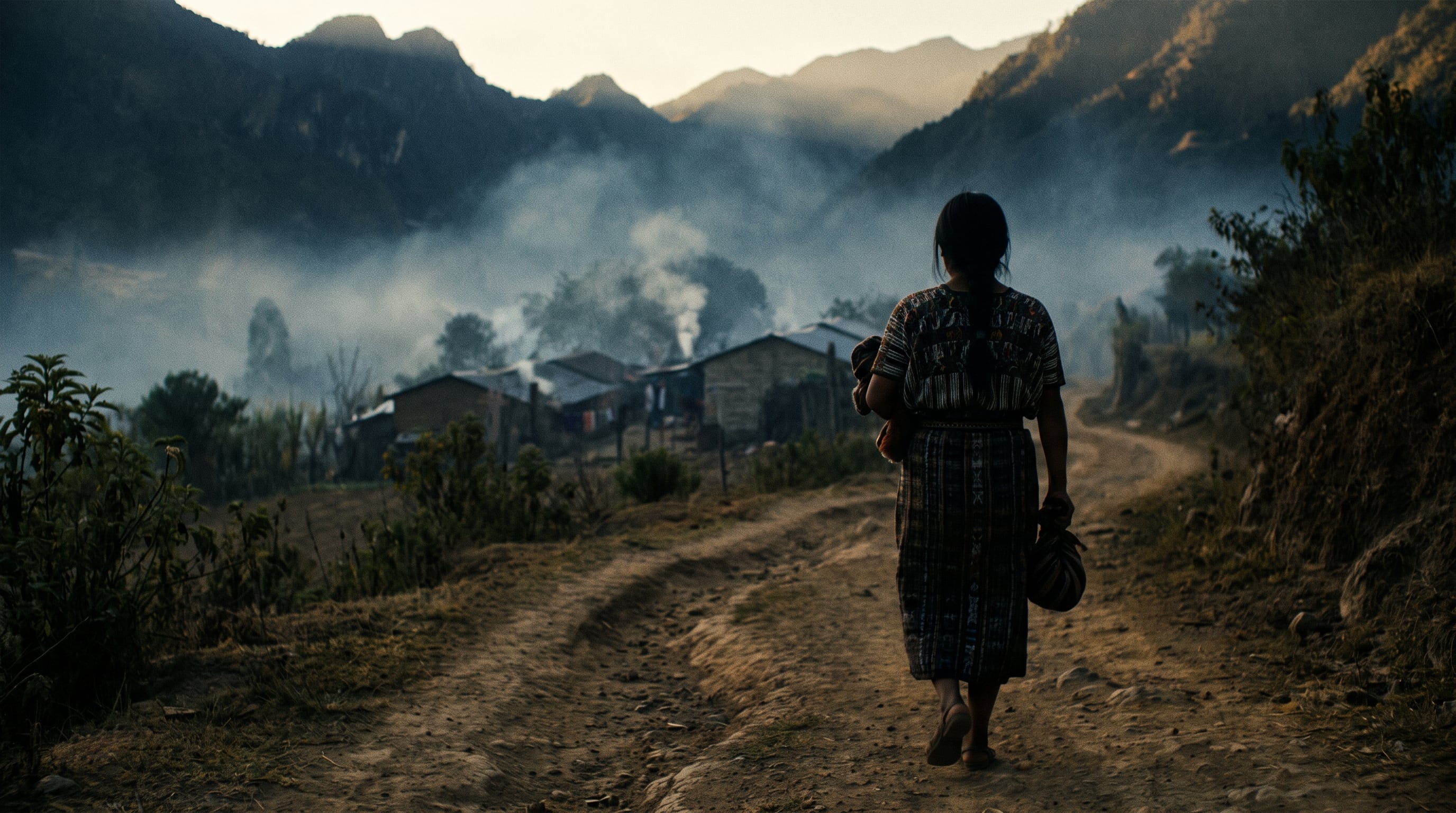 Una joven vestida con un huipil tradicional camina por un camino de tierra hacia un poblado rural entre las montañas con neblina. (Imagen Ilustrativa Infobae)