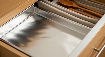Primer plano de un cajón de madera abierto, forrado con papel de aluminio brillante. Contiene servilletas de lino beige dobladas y cucharas de madera.