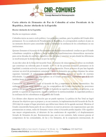 En el documento enfatizaron que la implementación del acuerdo de paz es una obligación institucional que trasciende los cambios de gobierno y las diferencias políticas, por lo que pidieron preservar la seguridad jurídica y la confianza en la palabra del Estado - crédito Consejo Nacional de Reincorporación