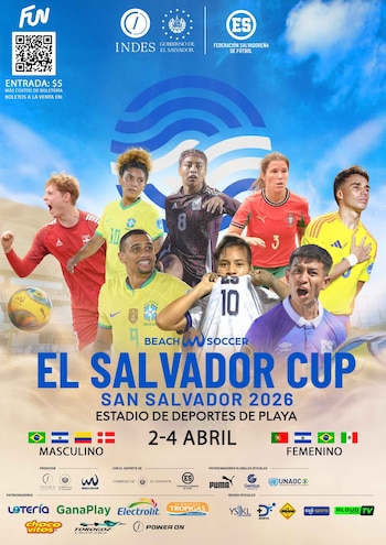 Jugadores y jugadoras de Brasil, Portugal, El Salvador, Colombia, Dinamarca y México destacan en el afiche oficial de la Beach Soccer Cup San Salvador 2026 (Foto cortesía Selecta SV).