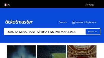 Captura del sitio web de Ticketmaster Perú con el texto SANTA MISA BASE AÉREA LAS PALMAS LIMA escrito en la barra de búsqueda