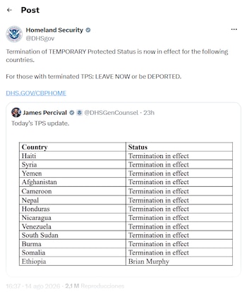 El Departamento de Seguridad Nacional ha impulsado la cancelación del TPS para ciudadanos de distintos países. (Foto: X)