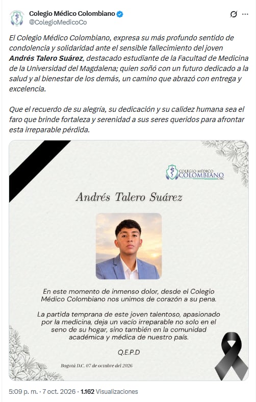 El estudiante obtuvo el mejor puntaje de las pruebas Saber 11 en su colegio y accedió a una beca para estudiar Medicina - crédito Colegio Médico Colombiano/X