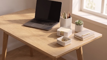 Mesa de madera con una computadora portátil abierta, portalápices, notas adhesivas, clips, cuadernos con un bolígrafo y una planta pequeña.