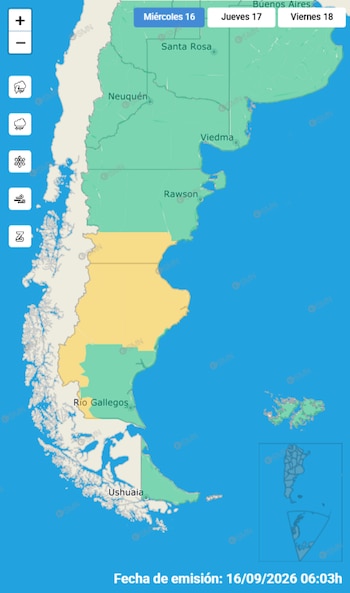 Mapa del sur de Argentina con zonas demarcadas en colores verde y amarillo, botones de menú a la izquierda y fecha en el extremo inferior