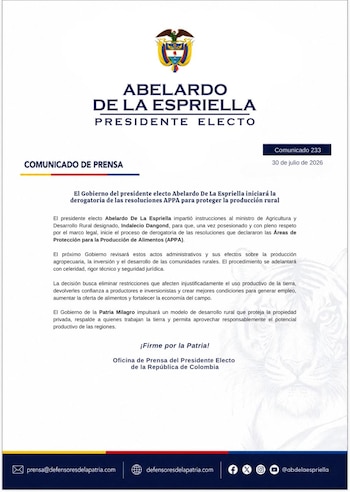 La revisión de las Appa comenzará tras la posesión presidencial del 7 de agosto, bajo la coordinación del Ministerio de Agricultura - crédito Prensa Abelardo de la Espriella