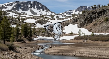 Montañas cubiertas de nieve con cascada de agua que forma un arroyo. El arroyo desemboca en un embalse parcialmente vacío con orillas de tierra seca y agrietada.