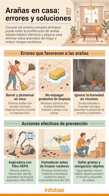 Infografía sobre arañas en casa con seis viñetas: persona barriendo, esponja sucia, tubería goteando, aspiradora, persona rociando, persona sellando grietas. Logotipo de Infobae.