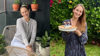 Dos fotografías de una mujer sonriente: a la izquierda, en un interior con plantas; a la derecha, en un jardín sosteniendo un pastel con velas del número 32