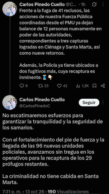 Comunicado oficial del alcalde de Santa Marta sobre la recaptura de 12 reclusos - crédito Policía Metropolitana de Santa Marta / X