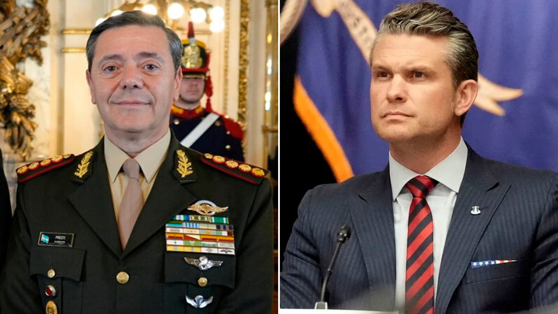 El miinistro Carlos Presti y el secrtario de Guerra de Estados Unidos, Pete Hegseth