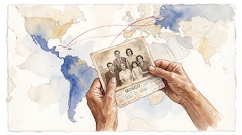Unas manos sostienen una foto en blanco y negro y un pasaje de avión a Moscú ante un mapa mundial dibujado en acuarela con líneas rojas.