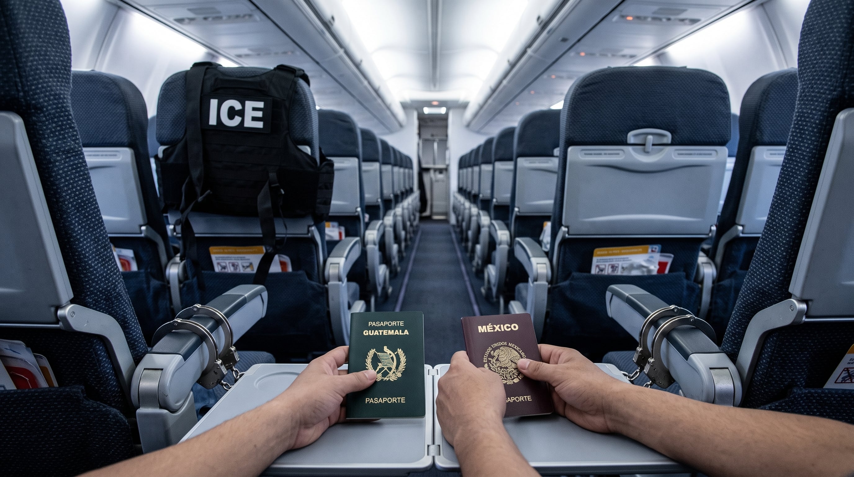 Un pasajero sostiene pasaportes de Guatemala y México dentro de un avión de deportación de Estados Unidos equipado con esposas en los asientos. (Imagen Ilustrativa Infobae)