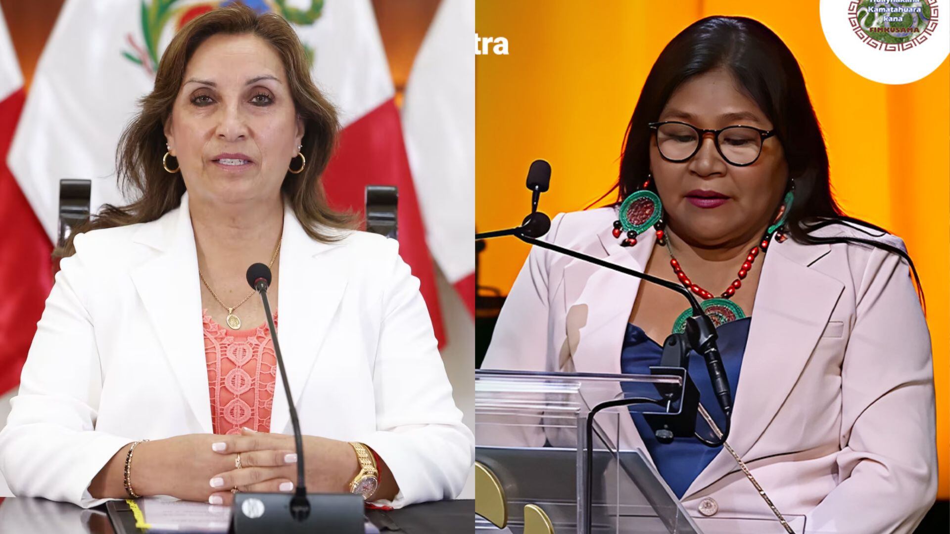 La lideresa indígena Mari Luz Canaquiri emitió un discurso donde denunció al gobierno de Dina Boluarte de despojar a los pueblos indígenas de sus derechos y su tierra | Foto composición: Infobae Perú