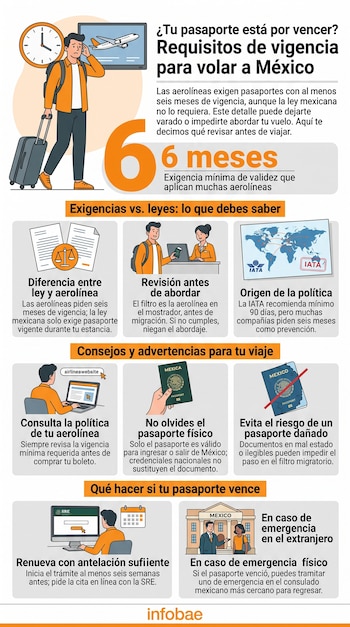Infografía con texto e ilustraciones sobre los requisitos de vigencia del pasaporte requeridos por aerolíneas para ingresar a México.