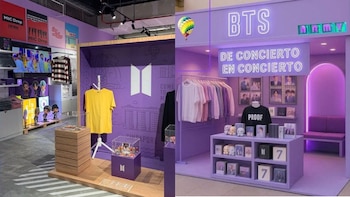 Tienda con paredes moradas, carteles, estantes con productos de BTS, ropa en exhibición y un letrero luminoso con la palabra BTS