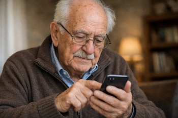 Primer plano de un hombre anciano con pelo blanco, gafas y bigote, vestido con un cárdigan marrón, manipulando un smartphone negro con ambas manos.