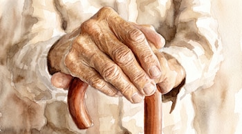 Primer plano de manos de persona mayor con piel arrugada que sujetan un bastón marrón. Ilustración en acuarela con sombras y fondos neutros.