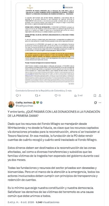 La congresista pidió además que los recursos recaudados mediante la fundación de la primera dama sean trasladados directamente al Tesoro Nacional - crédito @CathyJuvinao/X