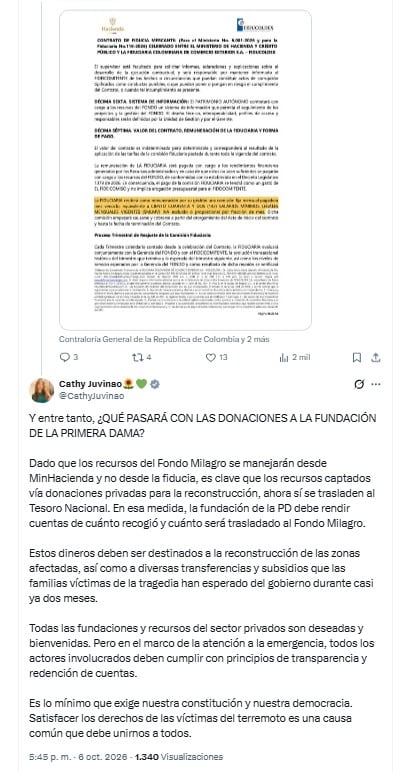 La congresista pidió además que los recursos recaudados mediante la fundación de la primera dama sean trasladados directamente al Tesoro Nacional - crédito @CathyJuvinao/X