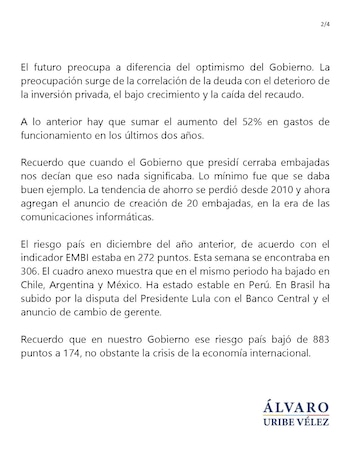 El expresidente Álvaro Uribe aseguró que el país atraviesa por un momento crítico en su economía - crédito red social X