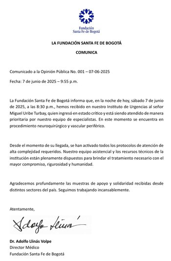Primer parte médico de la Fundación Santa Fe sobre el estado de salud de Miguel Uribe Turbay. (Crédito: Fundación Santa Fe)