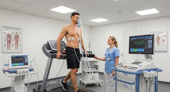 Hombre sin camisa con mascarilla y electrodos en el pecho, caminando en una cinta de correr, supervisado por una enfermera junto a equipo médico.