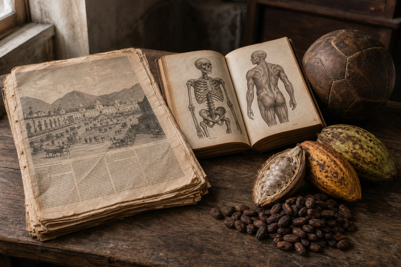 Un periódico antiguo, un libro de anatomía, un balón de cuero y mazorcas de cacao representan efemérides conmemoradas el 1 de octubre en Perú. (Imagen Ilustrativa Infobae)