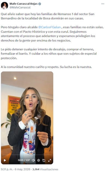 Mafe Carrascal afirmó que la presión social y política impulsada por Mafe Carrascal evitó desalojo de más de cien familias en Bosa - crédito @MafeCarrascal/X
