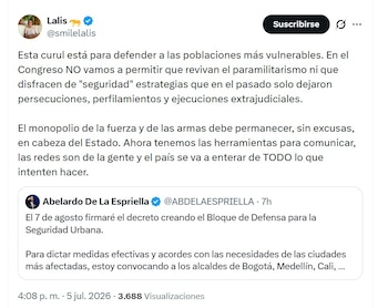 Lalis aseguró que se opondrá a cualquier intento de legitimar estructuras armadas - crédito @smilelalis/X