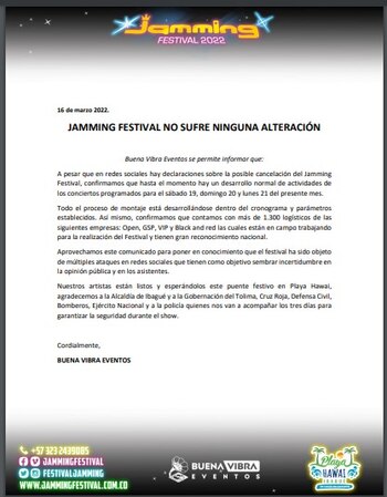 Comunicado oficial del Jamming Festival