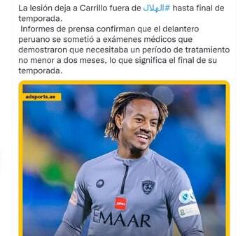 Medio árabe señaló que André Carrillo se perderá el resto de la temporada con Al Hilal.