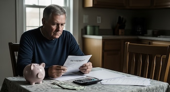 Un hombre de edad se sienta en una mesa de cocina con un documento de jubilación, una alcancía, billetes, calculadora y otros papeles.