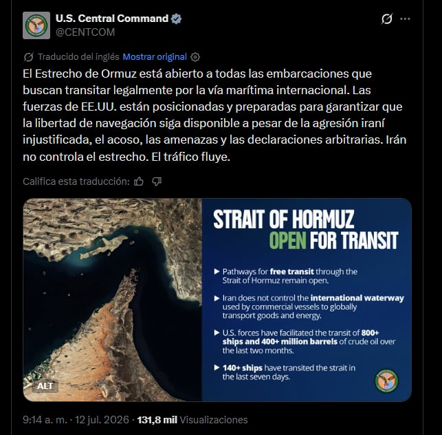 El mensaje publicado por el Comando Central de los Estados Unidos en su cuenta de la red social X.