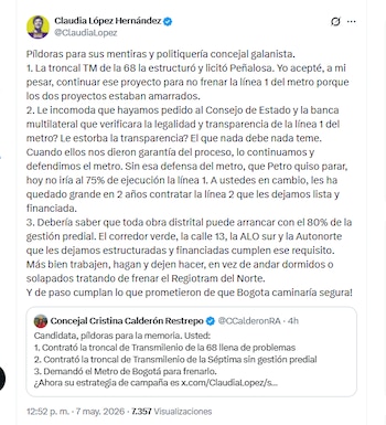 La candidata Claudia López Hernández defendió su gestión como alcaldesa de Bogotá y criticó la administración de Carlos Fernando Galán - crédito @ClaudiaLopez/X