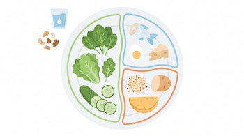 Ilustración plana de un plato blanco con secciones de verduras, proteínas (pescado, huevo, queso) y carbohidratos (quinoa, papa). Incluye vaso de agua y nueces.