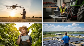 Collage con un operador de dron agrícola, un ingeniero programando un tractor, una especialista con tableta en un cultivo y un gestor supervisando paneles solares.