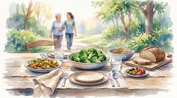 Acuarela de una mesa servida con brócoli, pan y verduras, y dos personas caminando por un parque al fondo.