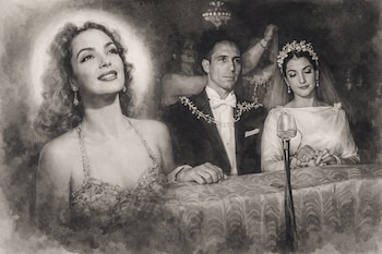 Mujer en vestido brillante, hombre de esmoquin y mujer de novia con tiara, sentados frente a un micrófono en una imagen monocromática con textura de acuarela.