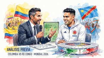 Dos hombres, micrófono, tablero táctico, modelo de estadio. Banderas de Colombia y República Democrática del Congo con aficionados.