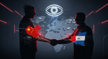 Dos siluetas se dan la mano con un mapa global de fondo; la silueta izquierda con la bandera de China, la derecha con la de Nicaragua. Un ojo de vigilancia flota arriba.