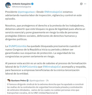 El ministro de Trabajo, Antonio Sanguino, respaldó la orden del presidente Gustavo Petro de despejar las instalaciones de la Unidad Nacional de Protección (UNP) - crédito @AntonioSanguino/X